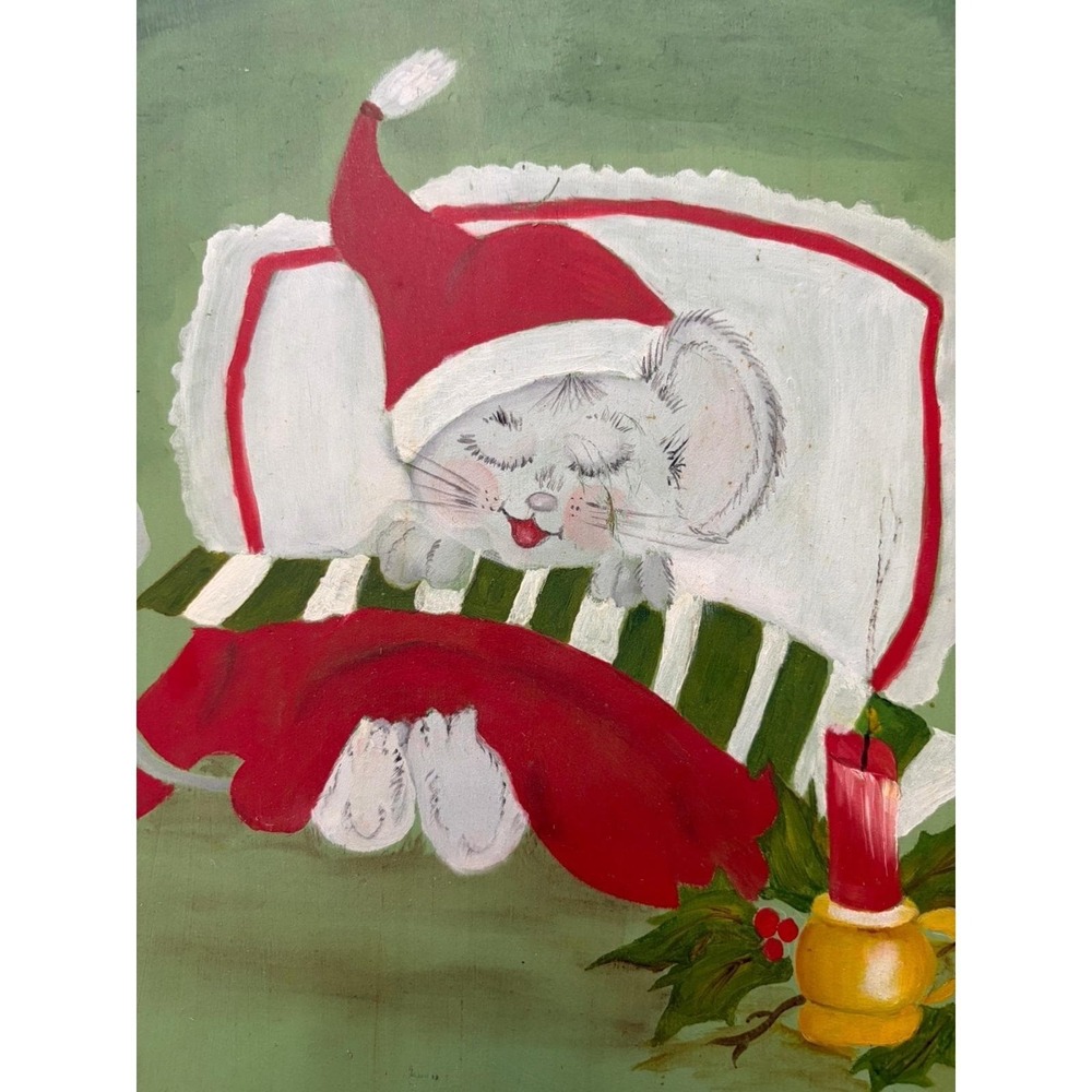 Vintage Handpainted Mouse Santa Hat Christmas Wood Wall Art Folk Art Decor